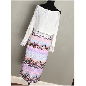 Persaya Spring Floral Tribal Bodycon Pink Skirt NWOT